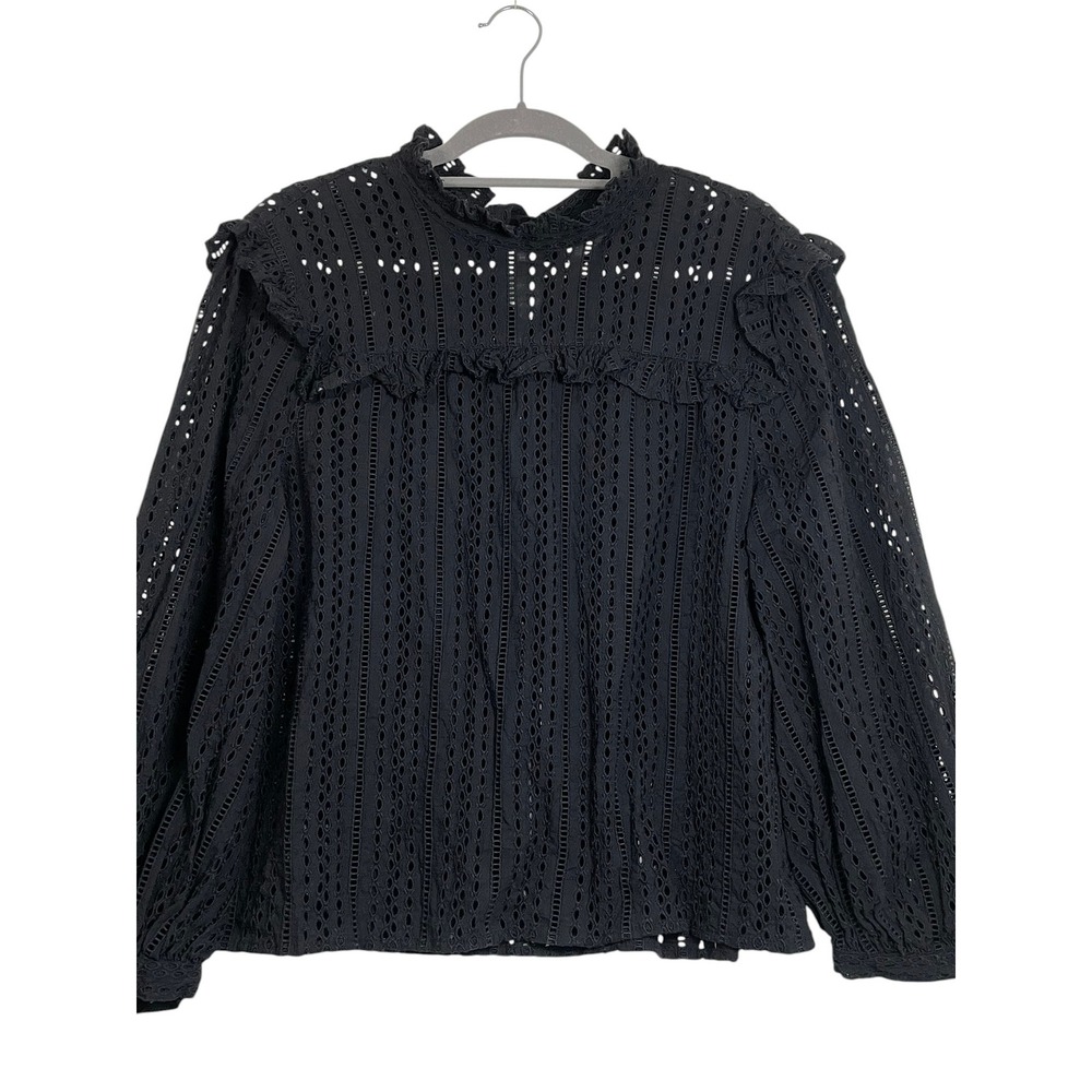 Madewell Large Black Eyelet Lace Ruffle Tie Neck Victorian Prairie Blouse - Picture 4 of 15
